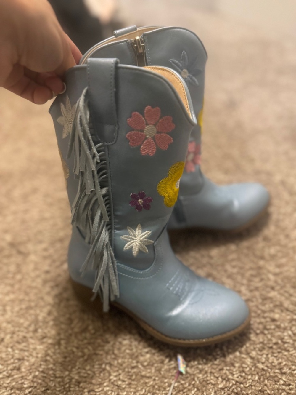 Girls Light Blue Floral Fringe Cowboy Boots - Kids